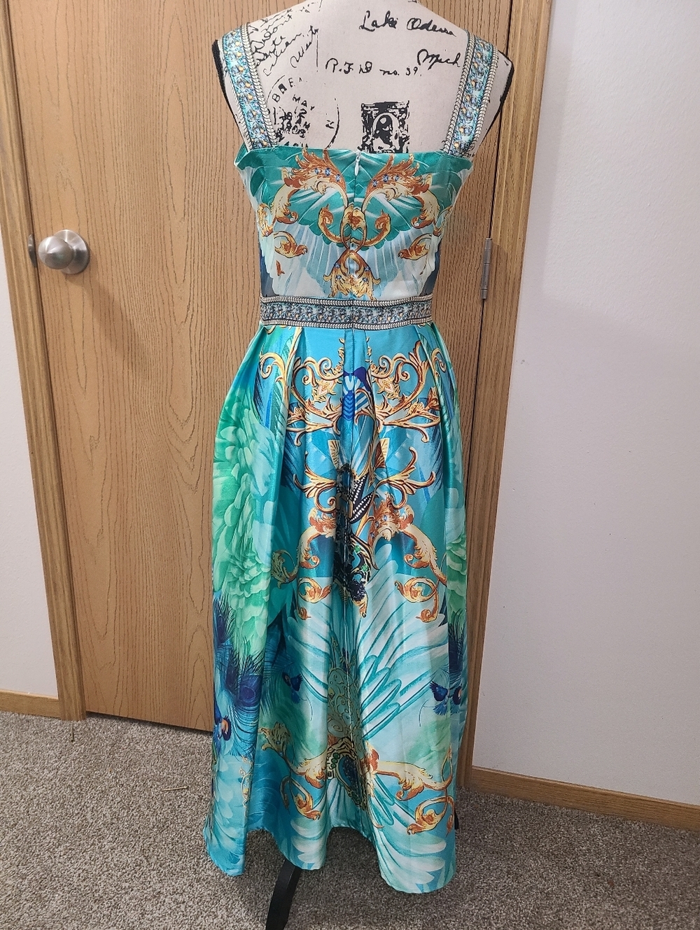 Satin Peacock Butterfly Bird Rhinestone Formal Wedding Guest Cocktail Midi Dress - Picture 4 of 5